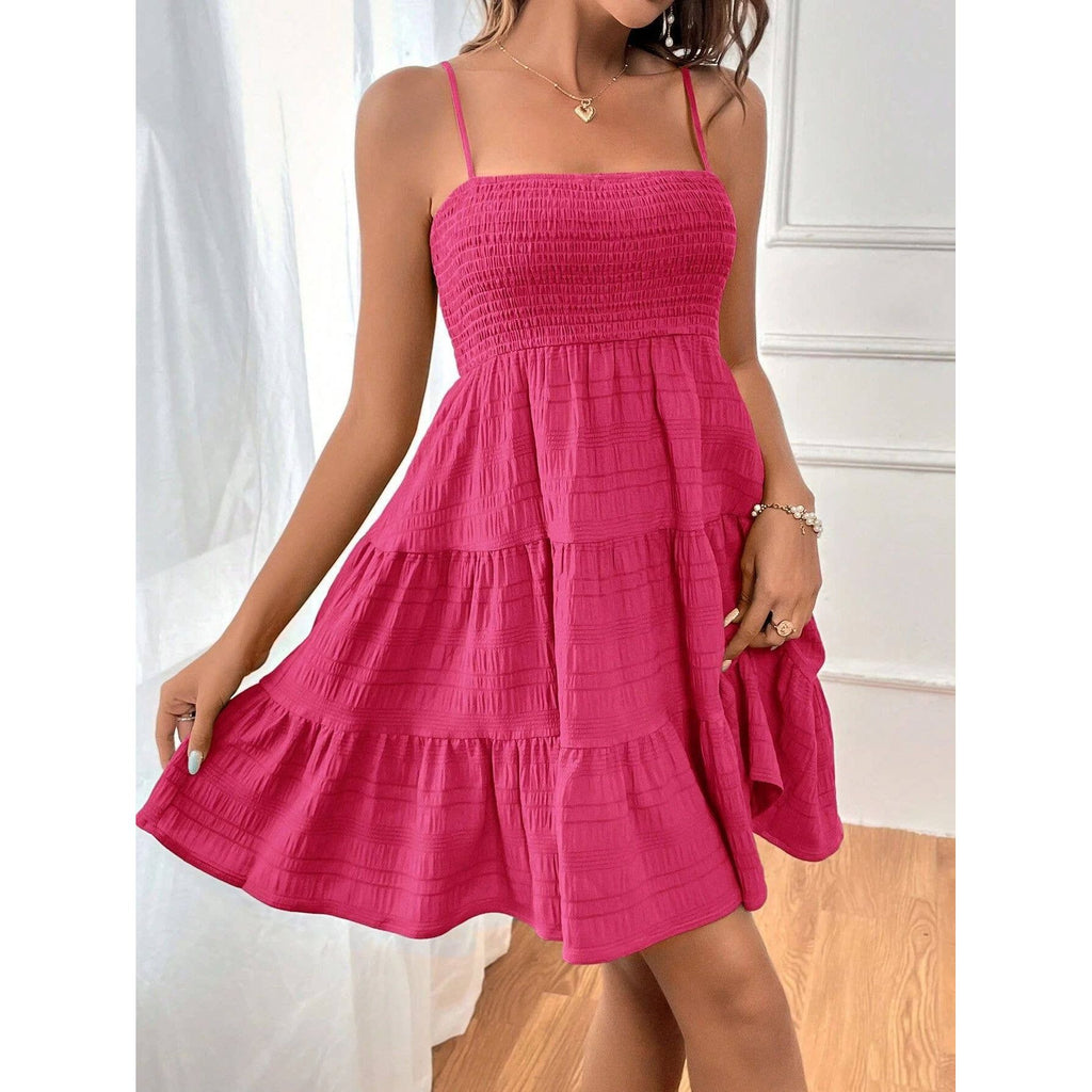 Plain Smocked A-line Slip Dress For Summer: Light Blue / S