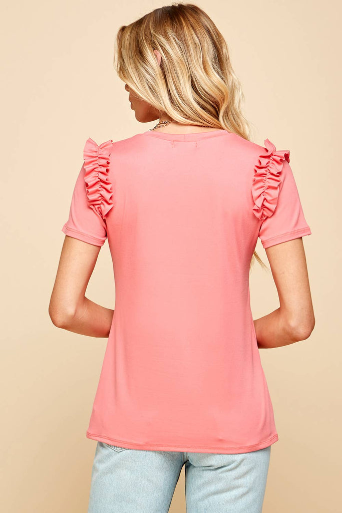 Solid Top with Ruffled Details: Coral / L