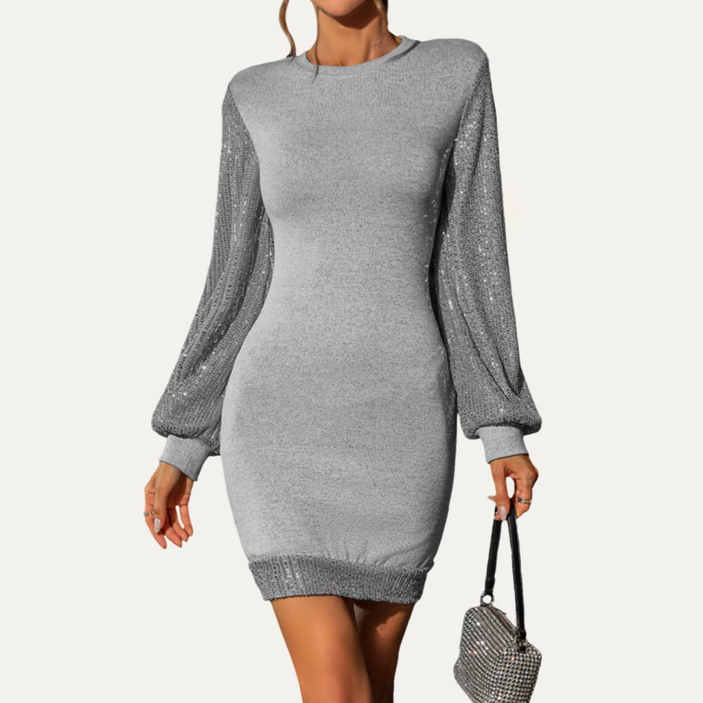 Shinny Grey Sequin Round Neck Long Sleeve Knit Mini Dress: Grey / S