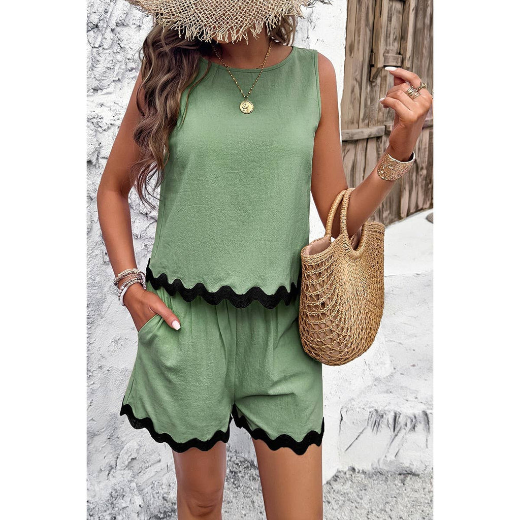 Two Pieces Printed Sleeveless Pockets Shorts Sets: BEIGE / S