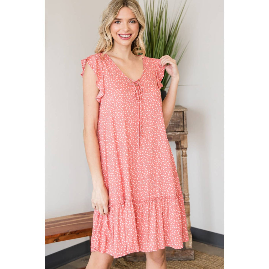 Vintage Ditsy Print Flutter V-Neck Dress-Coral: Coral SMALL