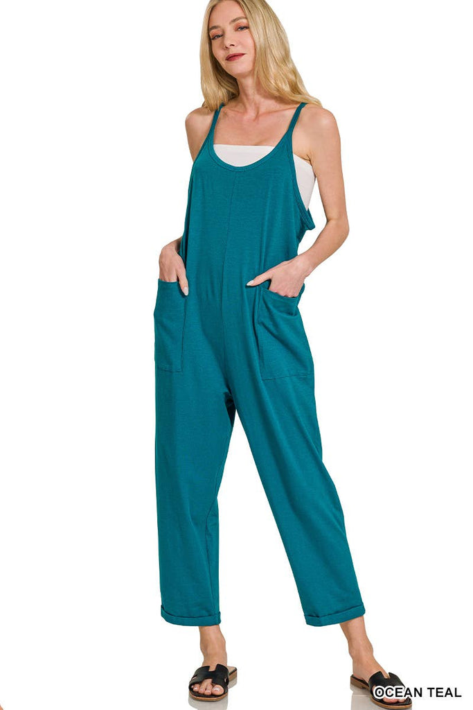 `",,,,...._ Spaghetti Strap Pocketed Cotton Jumpsuit: H LT TEAL-178587 / L/XL