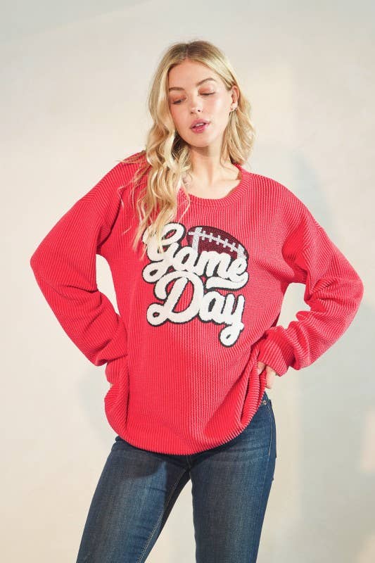 ET7773-10 LONG SLEEVE URBAN RIB GAME DAY TOP: Red / 2-2-2 (S-M-L)
