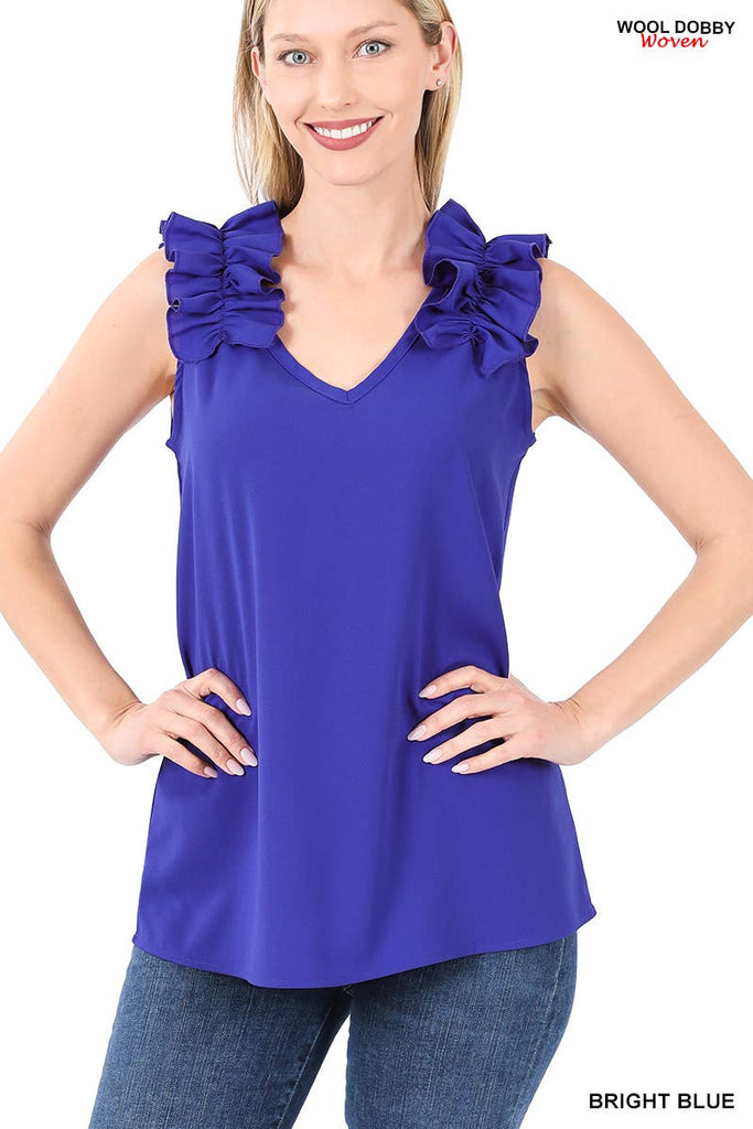 ",,,,,...RUFFLE TRIM SLEEVELESS TOP: ASH MOCHA-118024 / M