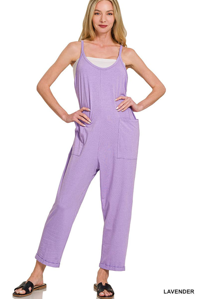 `",,,,...._ Spaghetti Strap Pocketed Cotton Jumpsuit: H LT TEAL-178587 / L/XL