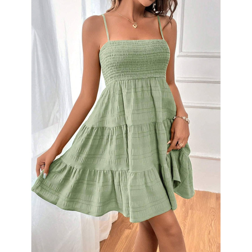 Plain Smocked A-line Slip Dress For Summer: Light Blue / S