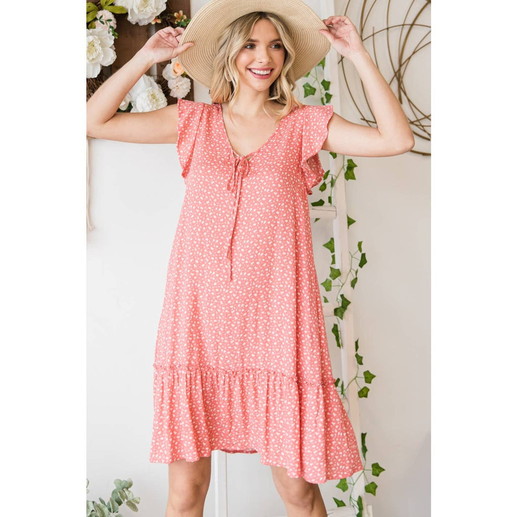 Vintage Ditsy Print Flutter V-Neck Dress-Coral: Coral SMALL