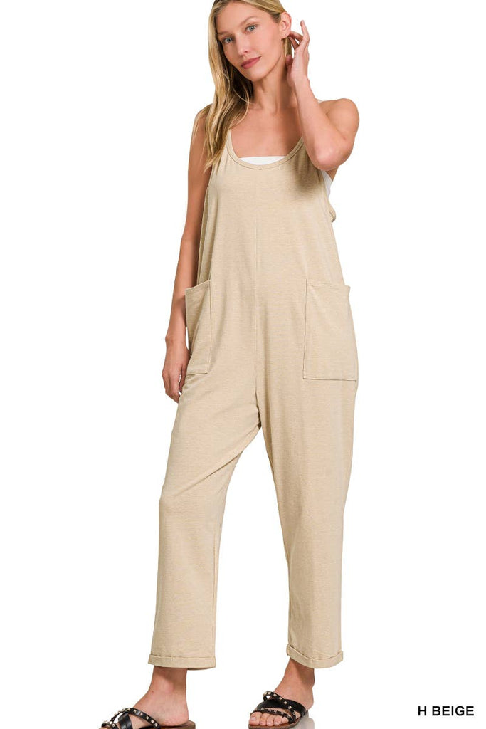 `",,,,...._ Spaghetti Strap Pocketed Cotton Jumpsuit: H LT TEAL-178587 / L/XL