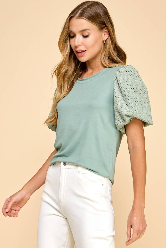 Solid Top with Contrast Puffed Sleeves: Ivory / S