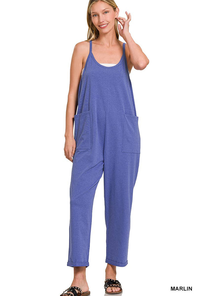`",,,,...._ Spaghetti Strap Pocketed Cotton Jumpsuit: H LT TEAL-178587 / L/XL