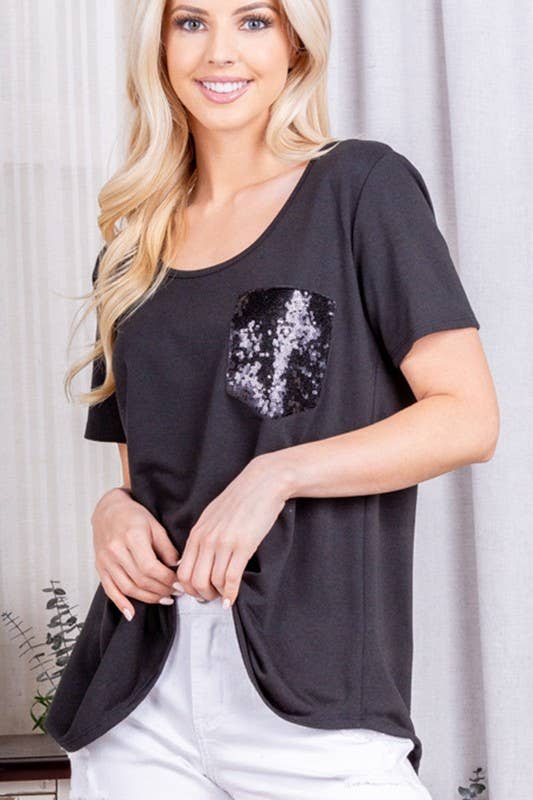 ST1989-10 SOLID TOP WITH BLACK SEQUINS POCKET: BLACK / 2-2-2 (S-M-L)