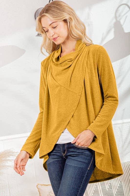 SJ1348S SOLID OPEN CARDIGAN WITH DRAPED AND BUTTON: CHARCOAL / 2-2-2(S-M-L)