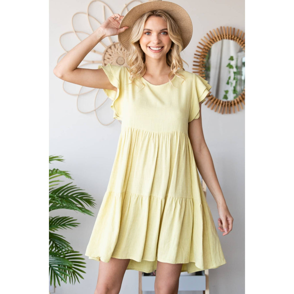 Rayon Linen Ruffle Shoulder Tiered Dress: Yellow /