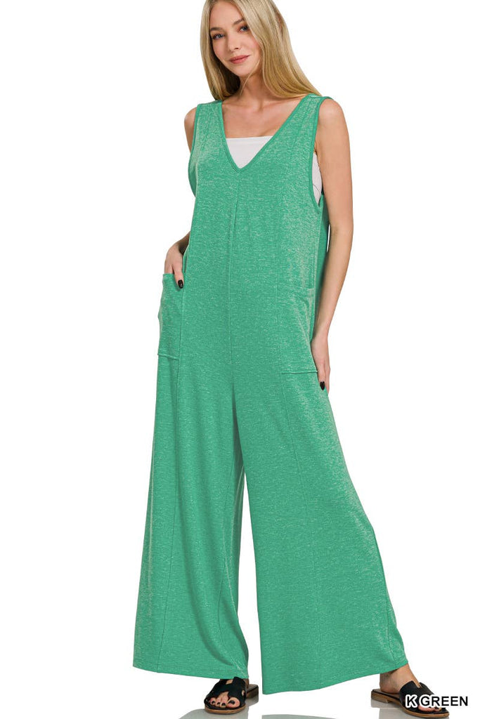 ..SI-27445 French Terry Deep V Neck Jumpsuit w/ Pockets: DK PINK-178569 / L