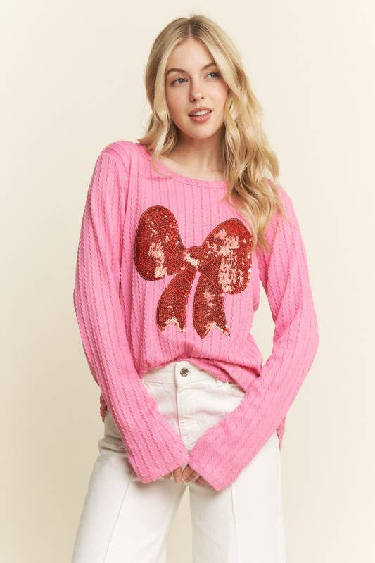 ET7809-10 LONG SLEEVE SOLID RIB TOP WITH RIBBON PATCH: NATURAL / 2-2-2 (S-M-L)