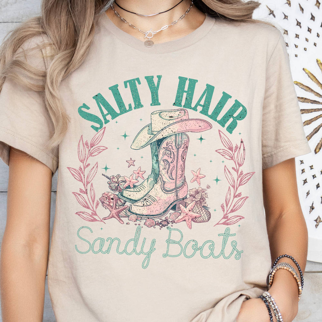 Salty Sandy Boots Tees Ocean Summer Cowgirl Summer Tshirt: Peach /1 S, 1 M, 1 LG, 1 XL