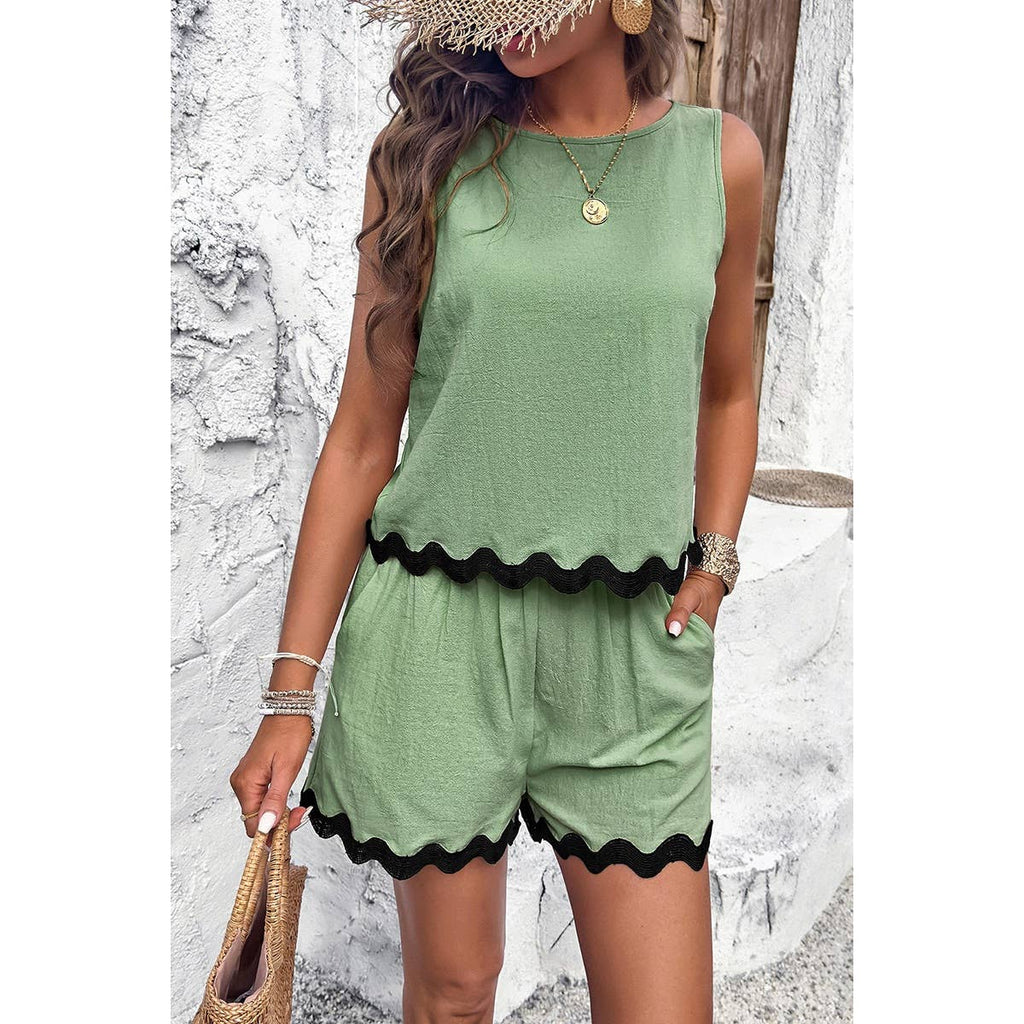 Two Pieces Printed Sleeveless Pockets Shorts Sets: BEIGE / S