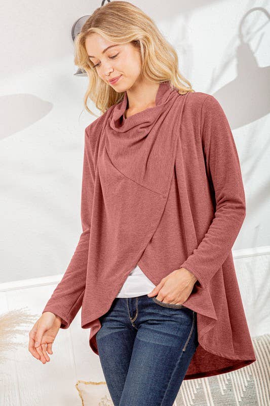 SJ1348S SOLID OPEN CARDIGAN WITH DRAPED AND BUTTON: CHARCOAL / 2-2-2(S-M-L)