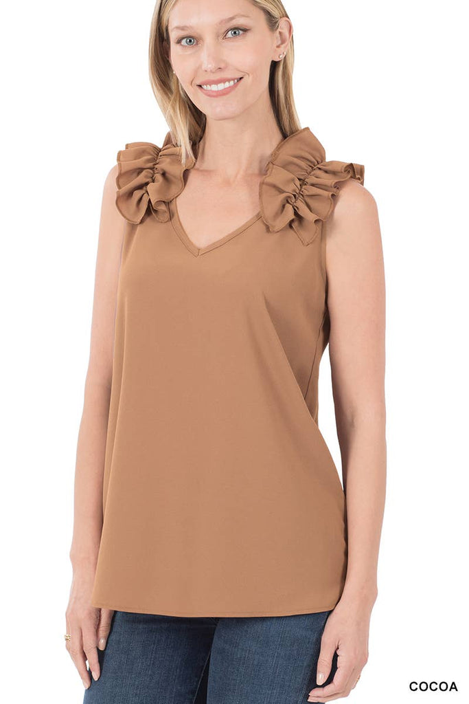 ",,,,,...RUFFLE TRIM SLEEVELESS TOP: ASH MOCHA-118024 / L