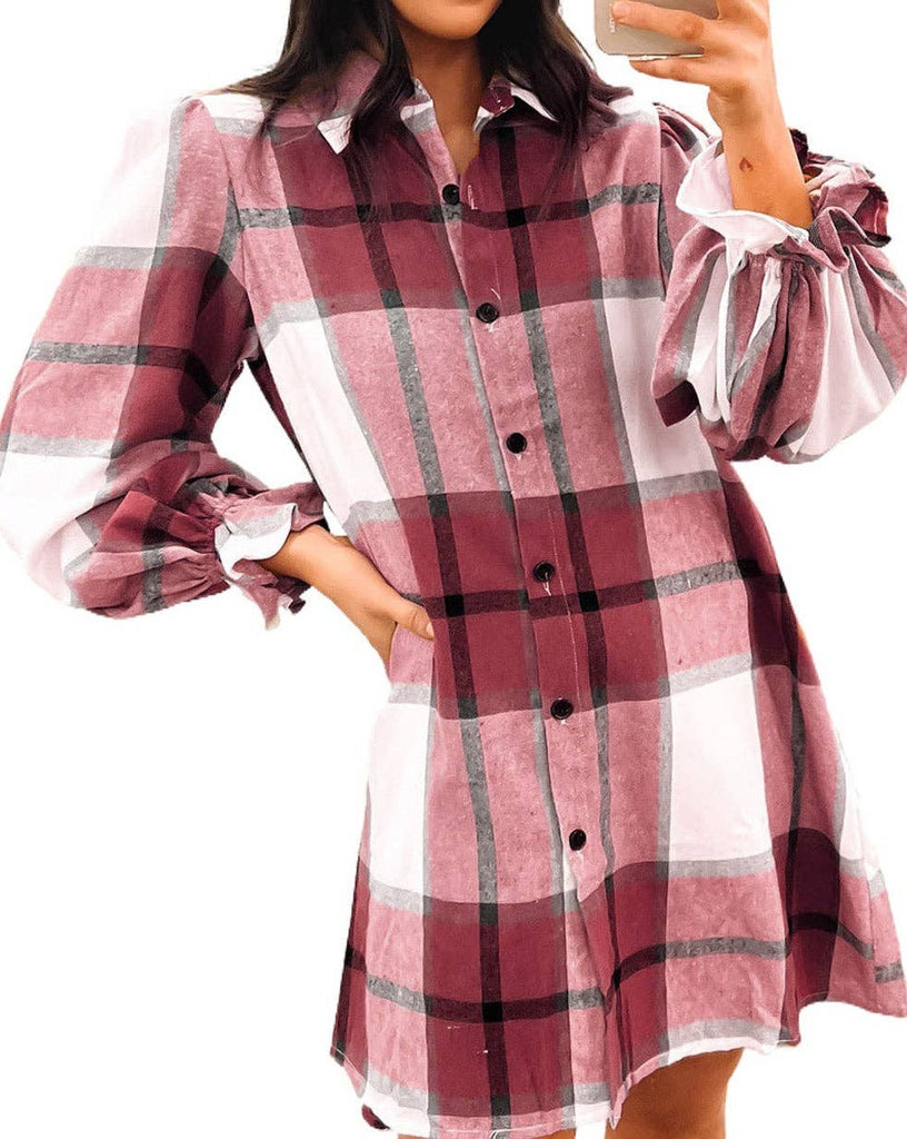 Plaid Puff Sleeve Shirt Dress: Khaki / 65%Polyester+35%Cotton /