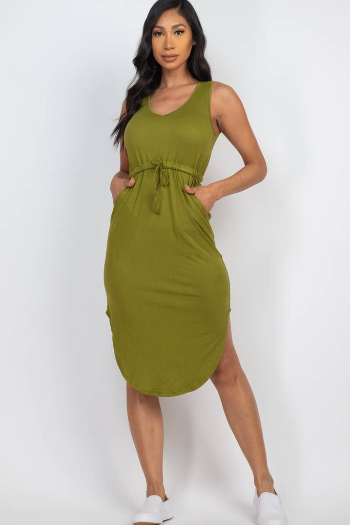 Drawstring Sleeveless Midi Dress: S
