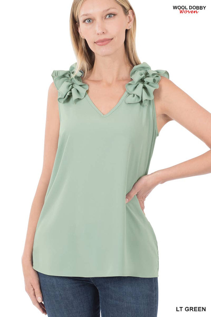",,,,,...RUFFLE TRIM SLEEVELESS TOP: ASH MOCHA-118024 / L