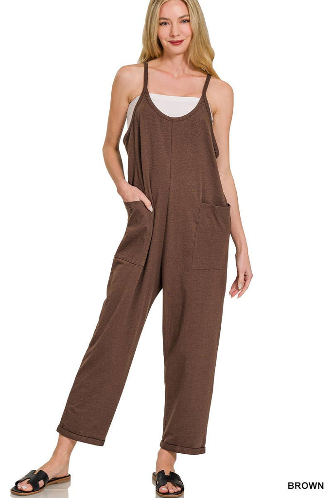 `",,,,...._ Spaghetti Strap Pocketed Cotton Jumpsuit: H LT TEAL-178587 / L/XL