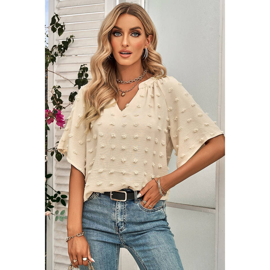 Solid Polk Dot V Neck Loose Fit Top: BEIGE / S
