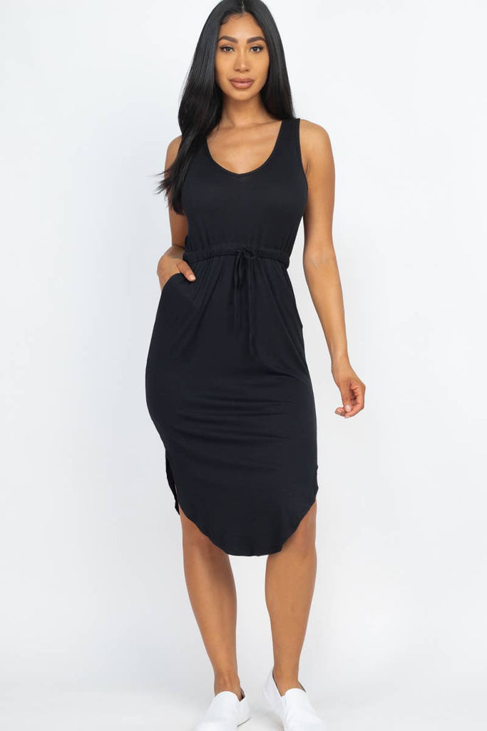 Drawstring Sleeveless Midi Dress: S