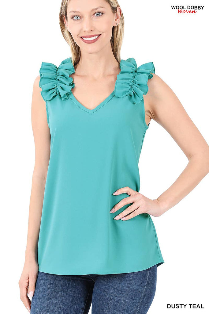 ",,,,,...RUFFLE TRIM SLEEVELESS TOP: ASH MOCHA-118024 / M