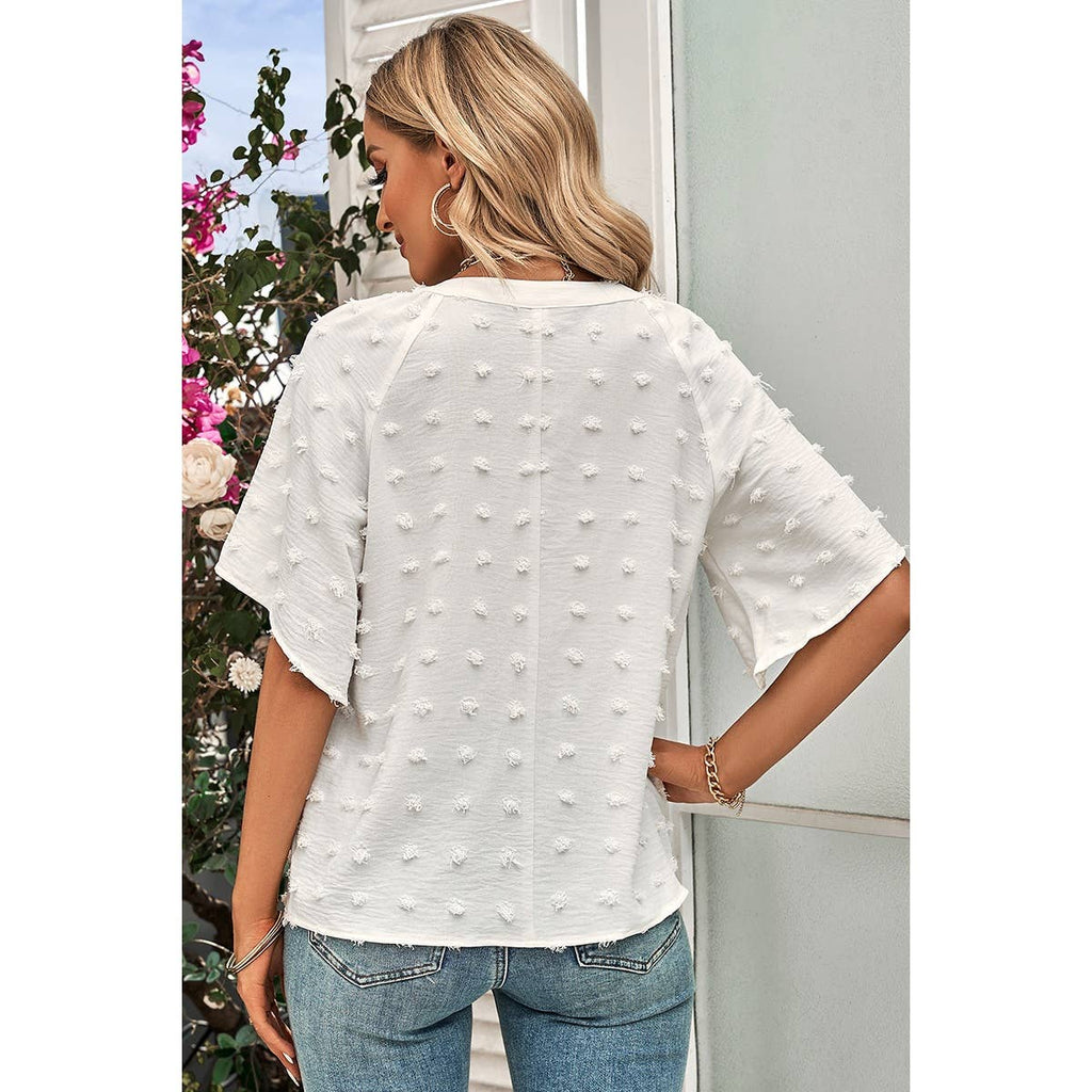Solid Polk Dot V Neck Loose Fit Top: BEIGE / S