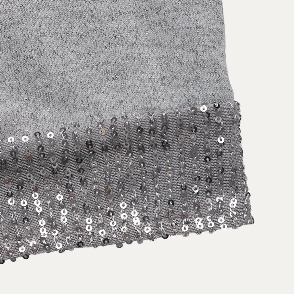 Shinny Grey Sequin Round Neck Long Sleeve Knit Mini Dress: Grey / S