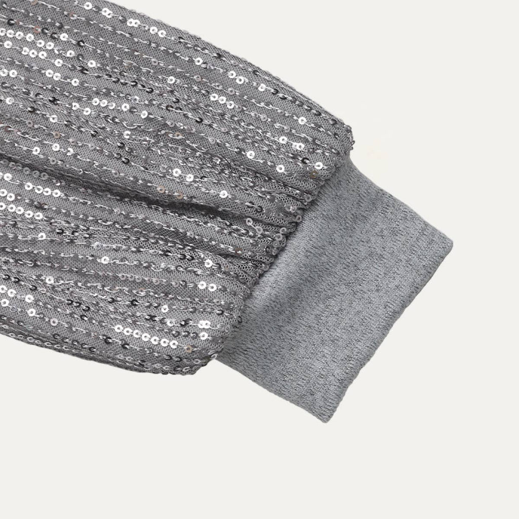 Shinny Grey Sequin Round Neck Long Sleeve Knit Mini Dress: Grey / S