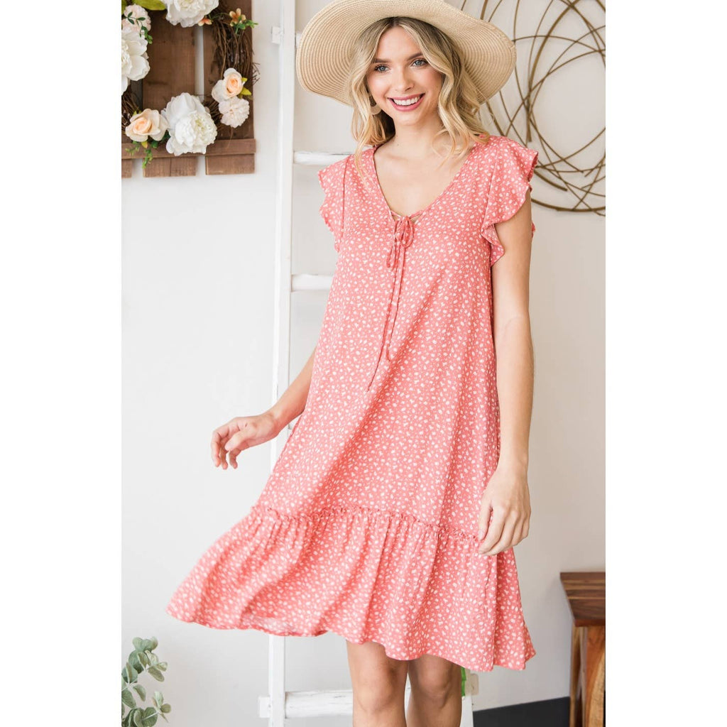 Vintage Ditsy Print Flutter V-Neck Dress-Coral: Coral SMALL