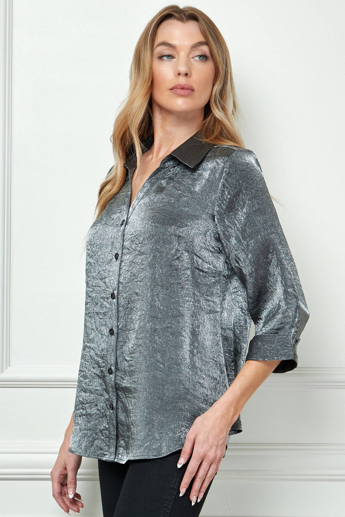 STARLIGHT SHIMMER JOHNNY COLLAR BLOUSE: Black/Silver / S