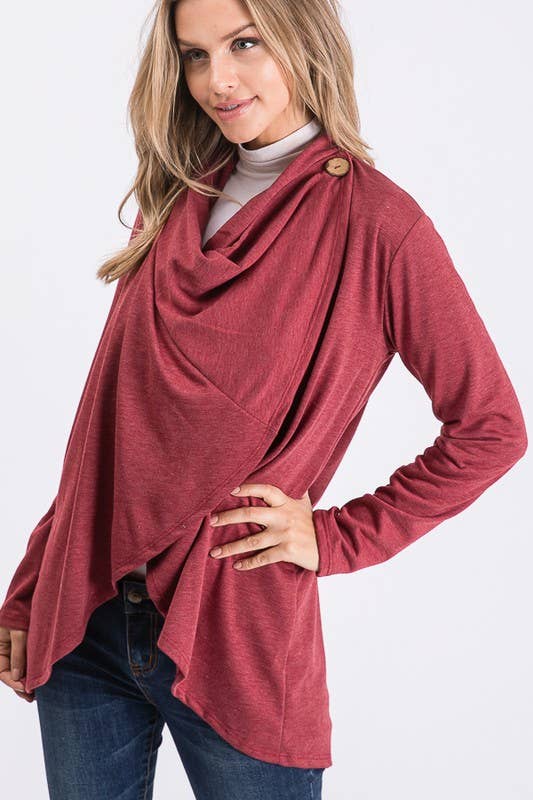SJ1348S SOLID OPEN CARDIGAN WITH DRAPED AND BUTTON: CHARCOAL / 2-2-2(S-M-L)