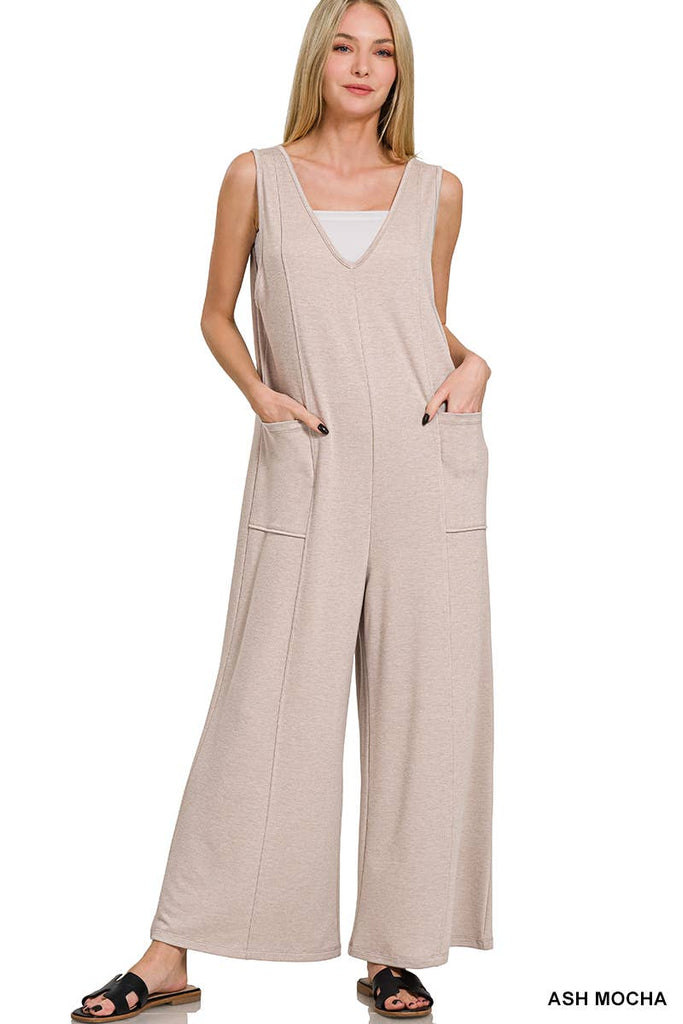 ..SI-27445 French Terry Deep V Neck Jumpsuit w/ Pockets: DK PINK-178569 / L