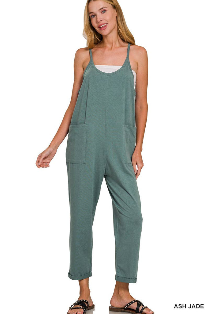 `",,,,...._ Spaghetti Strap Pocketed Cotton Jumpsuit: H LT TEAL-178587 / L/XL