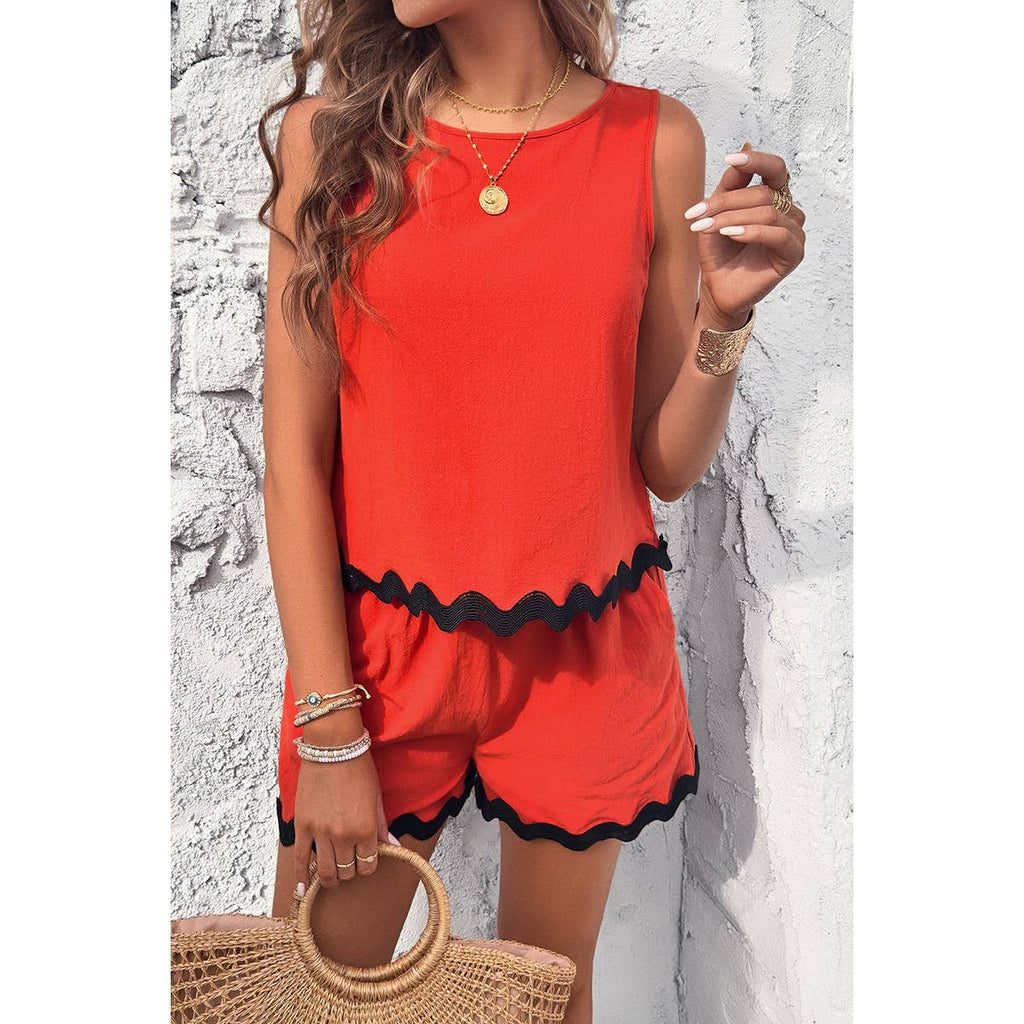 Two Pieces Printed Sleeveless Pockets Shorts Sets: BEIGE / S