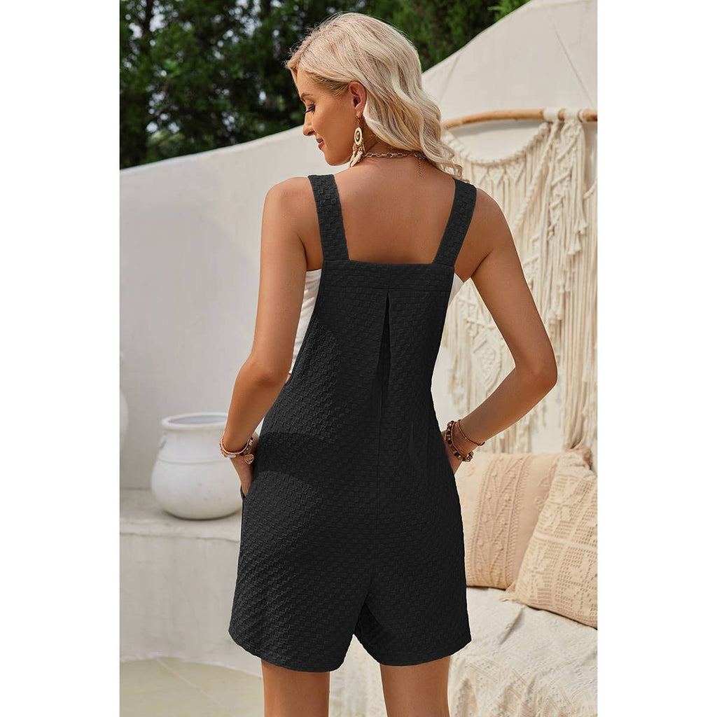 Sleeveless Square Neck Solid Pockets Loose Romper: Sky Blue / M