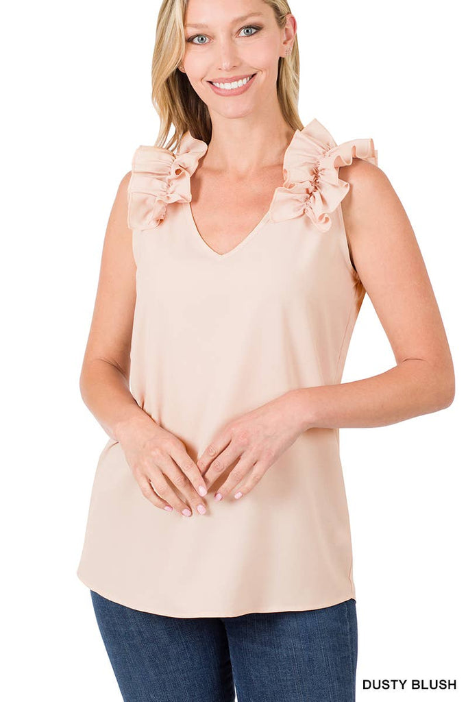 ",,,,,...RUFFLE TRIM SLEEVELESS TOP: ASH MOCHA-118024 / L