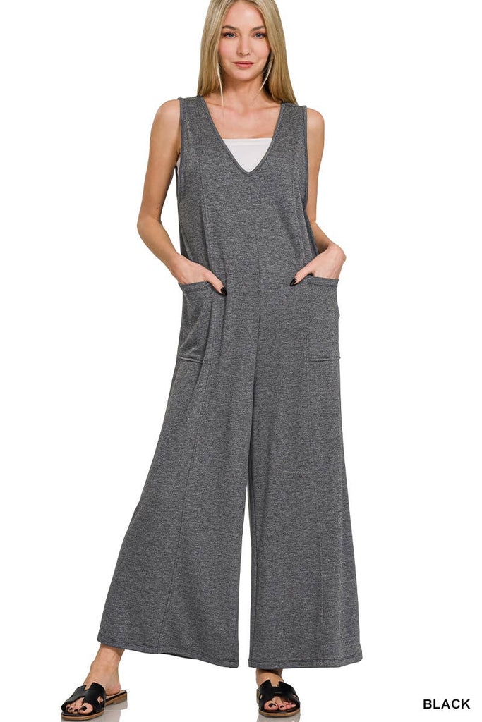 ..SI-27445 French Terry Deep V Neck Jumpsuit w/ Pockets: DK PINK-178569 / L