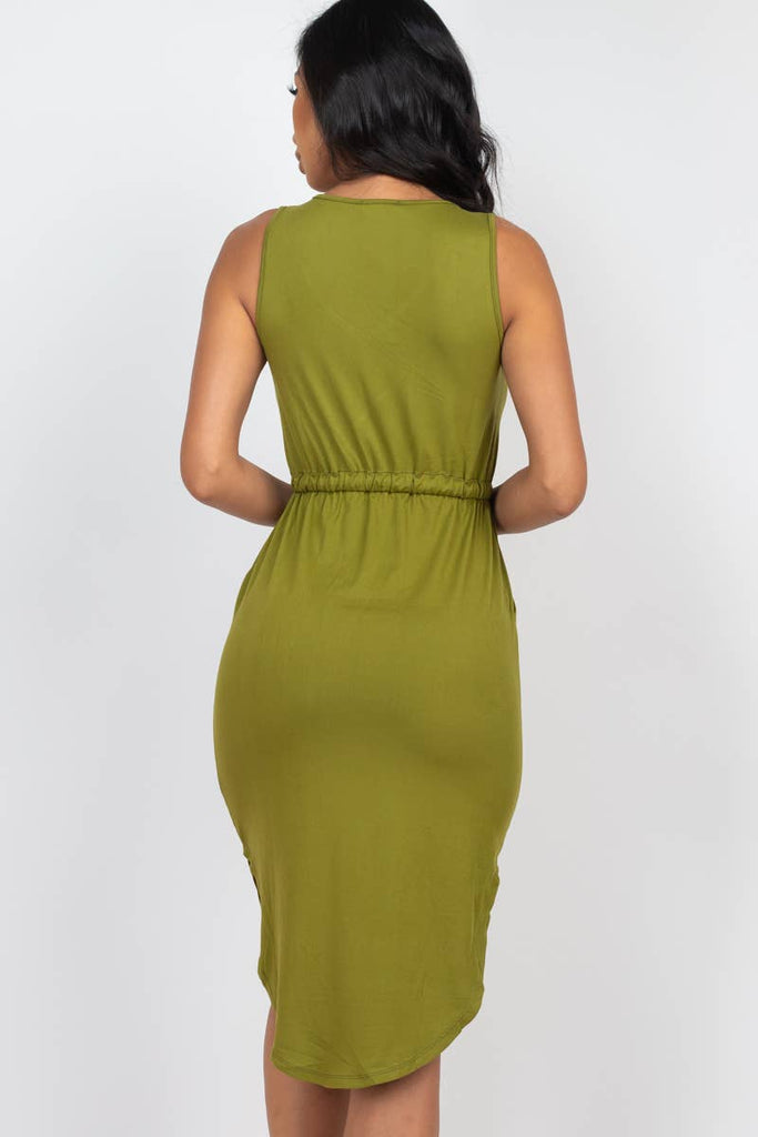 Drawstring Sleeveless Midi Dress: S