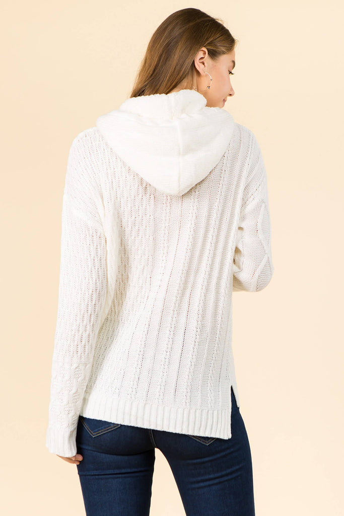 MIXED CABLE SWEATER WITH SHERPA HOODIE MFS-341B: Ivory/Ivory Sherpa / S