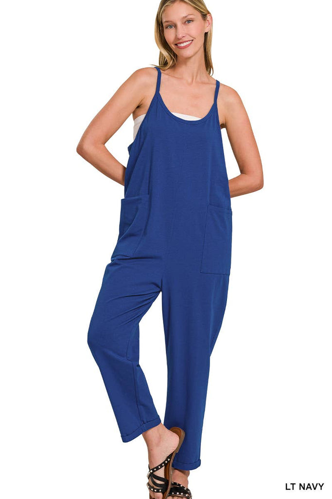 `",,,,...._ Spaghetti Strap Pocketed Cotton Jumpsuit: H LT TEAL-178587 / L/XL
