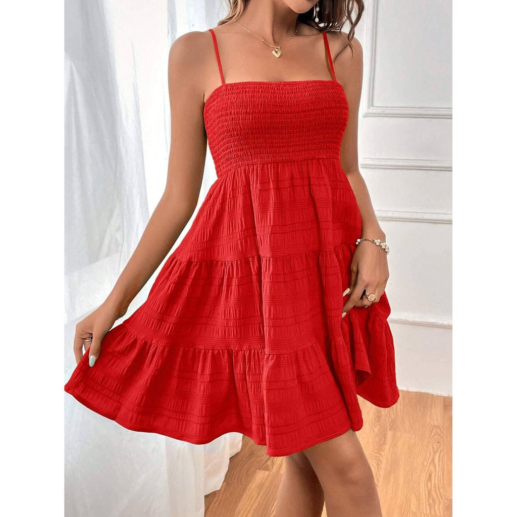 Plain Smocked A-line Slip Dress For Summer: Light Blue / S