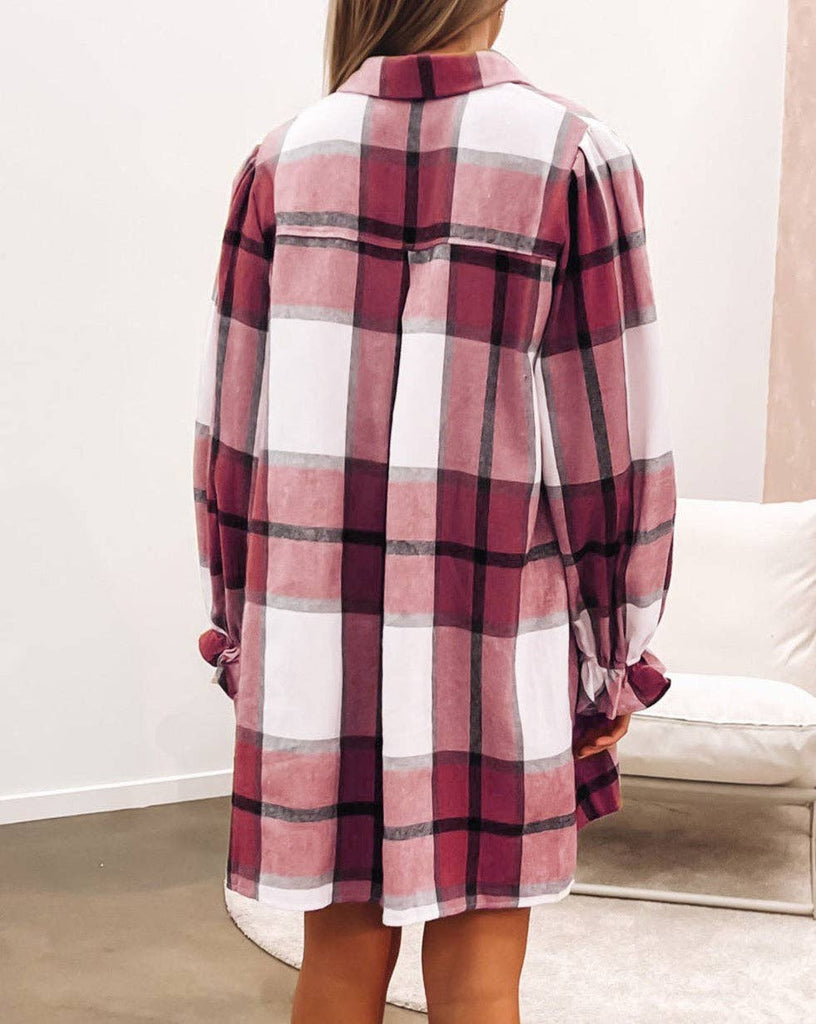Plaid Puff Sleeve Shirt Dress: Khaki / 65%Polyester+35%Cotton /