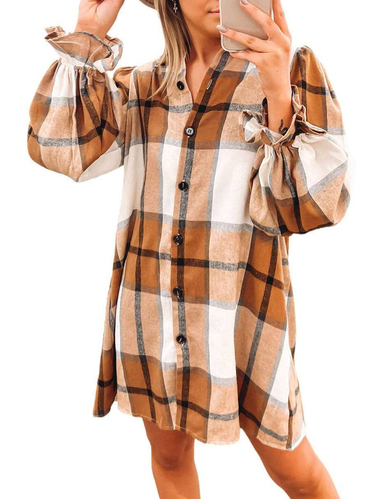 Plaid Puff Sleeve Shirt Dress: Khaki / 65%Polyester+35%Cotton /