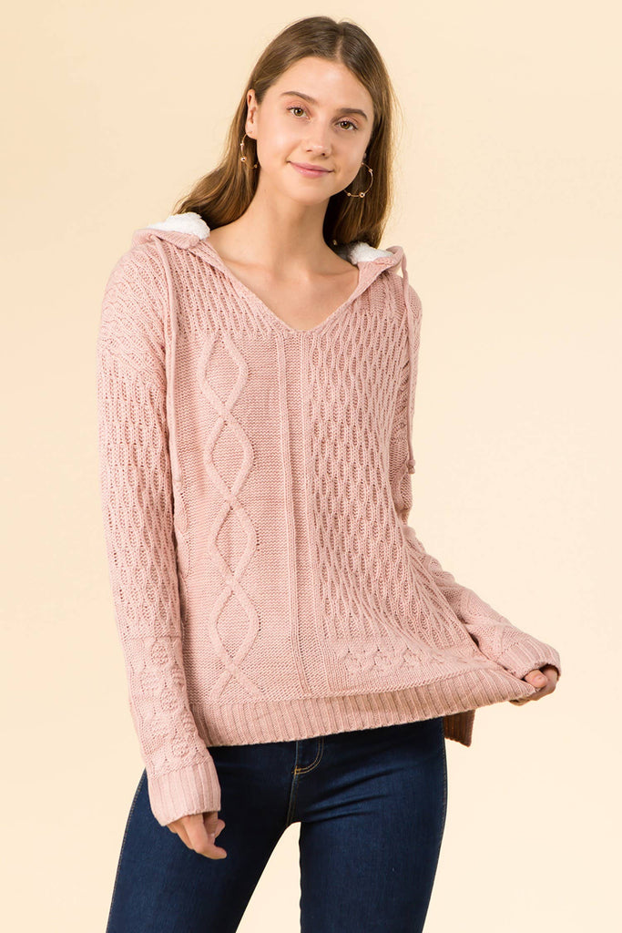 MIXED CABLE SWEATER WITH SHERPA HOODIE MFS-341B: Ivory/Ivory Sherpa / S