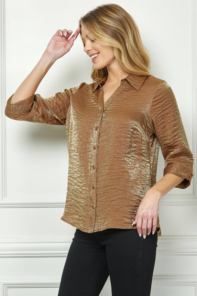 STARLIGHT SHIMMER JOHNNY COLLAR BLOUSE: Black/Silver / S